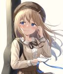  1girl absurdres adjusting_earphones beret black_ribbon blue_eyes blue_ribbon blush breasts brown_hair brown_hat brown_shirt brown_skirt collarbone collared_shirt crying crying_with_eyes_open frilled_shirt frills guitar_case hat highres holding holding_phone instrument_case light_brown_hair long_hair long_sleeves medium_breasts neck_ribbon original phone pleated_skirt ribbon shirt simple_background skirt solo suspender_skirt suspenders tears white_background wireless_earphones yutuki_ame 