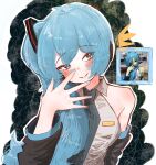  04minn 1girl alternate_hairstyle black_sleeves blue_eyes blue_hair blue_nails blue_necktie blush_stickers closed_mouth collared_shirt detached_sleeves hair_between_eyes hand_up hatsune_miku head_tilt headset highres long_hair looking_at_viewer nail_polish necktie photo-referenced reference_inset shirt side_ponytail sleeveless sleeveless_shirt smile solo spread_fingers upper_body vocaloid 