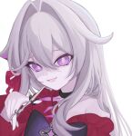  1girl :d black_choker bow bright_pupils choker empty_eyes evil_smile hair_between_eyes hair_intakes hair_over_shoulder holding holding_scissors honkai_(series) honkai_impact_3rd long_hair long_sleeves looking_at_viewer off_shoulder open_mouth pale_skin partially_shaded_face potato_258 red_ribbon ribbon scissors sidelocks simple_background smile solo thelema_(honkai_impact) two-tone_bow violet_eyes white_background white_hair white_pupils 