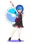  1girl absurdres arm_up backpack bag black-framed_eyewear black_footwear blue_eyes blue_hair braid breasts commission full_body glasses highres looking_at_viewer offbeat one_eye_closed open_mouth original pixiv_commission short_hair small_breasts smile solo twin_braids 
