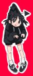  1girl :3 @_@ antennae black_eyes black_footwear black_hair black_hoodie black_shorts carrying carrying_person full_body hood hoodie huge_eyebrows ime-chan_(ime44) jean_bomjan light_blush looking_at_viewer open_mouth original outline red_background shoes short_hair short_twintails shorts sidelocks simple_background sleeves_past_wrists socks solo twintails white_outline white_socks 