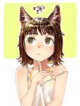  1girl ? ?? animal_ears bare_shoulders brown_eyes brown_hair camisole cat_ears finger_to_own_chin kahadu_(kawazu) looking_up original short_hair solo thinking white_camisole 