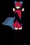  1girl 4qw5_(style) black_background black_cape black_eyes black_shirt blue_bow bow cape cloak full_body hair_bow long_sleeves looking_at_viewer open_mouth pixel_art red_skirt redhead ryanluke sekibanki shirt short_hair simple_background skirt solo standing touhou 