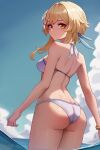  1girl absurdres bare_shoulders bikini blonde_hair blue_sky breasts commentary english_commentary flower genshin_impact hair_flower hair_ornament highres looking_at_viewer looking_back lumine_(genshin_impact) medium_breasts short_hair_with_long_locks sidelocks sky smile swimsuit unstableboiler yellow_eyes 