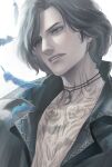  1boy black_hair devil_may_cry_(series) devil_may_cry_5 highres ika_vergi jewelry male_focus necklace simple_background solo tattoo tooth_necklace v_(devil_may_cry) 