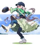  1girl absurdres baseball baseball_cap baseball_mitt boots character_request closed_mouth commentary_request copyright_request dress green_shirt hair_ornament hat high_heel_boots high_heels highres long_hair nishiki_kazue orange_eyes shirt solo throwing 