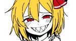  1girl bbyong403 blonde_hair blush grin hair_between_eyes hair_ribbon half-closed_eyes korean_commentary looking_at_viewer portrait red_eyes red_ribbon ribbon rumia sharp_teeth short_hair simple_background smile solo teeth touhou white_background 