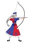  1girl absurdres aiming arrow_(projectile) blue_dress bow_(weapon) braid closed_mouth commentary constellation constellation_print cross drawing_bow dress grey_hair hat highres holding holding_arrow holding_bow_(weapon) holding_weapon long_hair looking_to_the_side multicolored_clothes multicolored_dress nurse_cap red_cross red_dress shoes short_sleeves simple_background single_braid socks solo tatsu_toyoyo touhou trigram weapon white_background white_socks yagokoro_eirin 