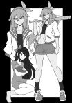 1other 2girls absurdres aubrey_(faraway)_(omori) aubrey_(headspace)_(omori) aubrey_(omori) baseball_bat black_border border bow collarbone commentary crop_top dress full_body greyscale hair_bow hairband highres jacket juvenile kekel long_hair looking_at_viewer midriff miniskirt monochrome mr._plantegg_(omori) multiple_girls navel omori open_clothes open_jacket outside_border shoes sidelocks sitting skirt smile sneakers socks standing tank_top teenage tomboy upper_body v-shaped_eyebrows young