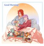  1boy 1girl 5altybitter5 bacon bread bread_slice breakfast butter butter_knife closed_mouth cookie couple cup earrings eating food fruit good_morning grapes green_eyes grey_shirt highres holding holding_cup jewelry knife long_sleeves mug olive original pajamas ponytail purple_hair red_shirt redhead rikkon_berchtes risian_carter sandwich shirt short_hair sitting smile strawberry stud_earrings toast tray under_covers yellow_eyes 