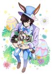  1boy animal animal_ears aqua_flower basket blue_bow blue_bowtie blue_pants bow bowtie brown_footwear brown_hair bungou_stray_dogs easter easter_egg edgar_allan_poe_(bungou_stray_dogs) egg fake_animal_ears flower full_body grass grey_eyes hair_over_one_eye hat hat_flower holding holding_basket in_basket long_sleeves male_focus official_art pants pink_flower purple_flower purple_shirt purple_vest rabbit_ears rabbit_tail raccoon shirt shoes short_hair smile solo sparkle tail third-party_source transparent_background vest white_flower 