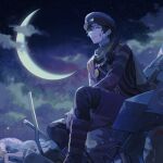  1boy bird black_hair clouds cloudy_sky crescent_moon crow crow_(fragile) driftwoodwolf fragile:_sayonara_tsuki_no_haikyo green_eyes hat makeup male_focus moon night rubble scarf short_hair sitting sky solo star_(sky) starry_sky 