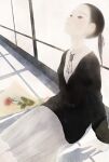  1girl black_eyes black_hair black_sweater crying crying_with_eyes_open dress flower highres junito715 light_smile long_hair looking_up original ponytail red_flower sitting solo sweater tears white_dress 