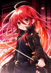  1girl belt belt_buckle black_belt black_jacket black_pants black_shirt buckle comiket_104 commentary_request embers hair_between_eyes highres holding holding_sword holding_weapon jacket jewelry katana long_hair open_clothes open_jacket pants parted_lips pendant red_eyes redhead shakugan_no_shana shana shirt solo sword tachitsu_teto v-shaped_eyebrows very_long_hair weapon 