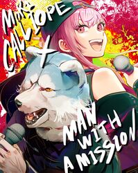  1boy 1girl :d backwards_hat bare_shoulders black_jacket character_name english_text fangs hat highres holding holding_microphone hololive hololive_english iris_(tb33064667) jacket looking_at_viewer looking_back man_with_a_mission microphone mori_calliope mori_calliope_(new_underworld_order) multicolored_background off_shoulder official_alternate_costume paint_splatter pink_eyes pink_hair smile virtual_youtuber wolf_mask yellow_eyes 