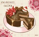  cake cake_slice chocolate_cake food food_focus fruit highres mikahiro_food no_humans original plate strawberry whipped_cream 