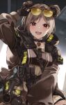  1girl black_choker black_gloves blush brown_jacket choker commentary_request commission corrupted_twitter_file double_bun eyewear_on_head gas_mask girls_frontline gloves hair_bun hand_up highres hood hooded_jacket jacket light_brown_hair looking_at_viewer mask open_clothes open_jacket p90_(girls&#039;_frontline) partially_fingerless_gloves pouch red_eyes short_hair shunka_tunacan skeb_commission smile solo sunglasses teeth upper_body upper_teeth_only 