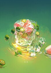  absurdres chinese_commentary commentary_request cup drink food food_focus fruit green_background green_theme highres ice ice_cube leaf no_humans original ou-popo painterly realistic still_life watermelon watermelon_slice 