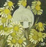  1girl animal_ears artist_name closed_mouth collared_dress dress expressionless flower grey_hair ju6mei no_sclera original painting_(medium) solo traditional_media upper_body white_flower 