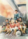  1980s_(style) 4girls 6+boys amuro_ray belt black_hair blonde_hair boots bright_noa brown_hair cannon earth_federation fraw_bow gundam haro hayato_kobayashi highres kai_shiden katz_kobayashi kikka_kitamoto letz_cofan military_uniform mirai_yashima mobile_suit_gundam multiple_boys multiple_girls official_art painting_(medium) production_art promotional_art retro_artstyle robot sayla_mass science_fiction short_hair signature sitting spacecraft traditional_media turret uniform white_base yasuhiko_yoshikazu 