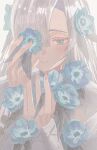  1girl anemone_(flower) blue_eyes blue_flower blue_hair blush closed_mouth commentary_request cute_mdr dress expressionless flower grey_hair hair_flower hair_ornament hair_over_one_eye half-closed_eyes hands_up highres holding holding_flower isekai_joucho kamitsubaki_studio long_hair long_sleeves looking_at_viewer multicolored_hair one_eye_covered simple_background solo two-tone_hair upper_body virtual_youtuber white_background white_dress 