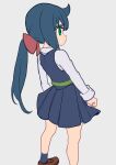  1girl blue_hair blue_skirt blue_socks blue_vest bow brown_footwear constanze_amalie_von_braunschbank-albrechtsberger domdom expressionless flat_color from_behind green_eyes hair_bow highres little_witch_academia loafers long_hair long_sleeves luna_nova_school_uniform ponytail red_bow red_ribbon ribbon school_uniform shirt shoes simple_background skirt skirt_tug socks solo standing thick_eyebrows vest white_background white_shirt 