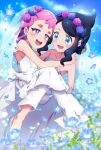  2girls black_hair blue_eyes blue_sky bridal_gauntlets bridal_veil carrying character_name dated day dot_(pokemon) dress field flower flower_field freckles hair_flower hair_ornament highres liko_(pokemon) long_hair looking_at_another multiple_girls nihiro_(erxun11) open_mouth outdoors pokemon pokemon_(anime) princess_carry purple_hair sky smile teeth thick_eyebrows upper_teeth_only veil violet_eyes wedding_dress wife_and_wife yuri 