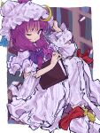  1girl absurdres blush book bow commentary_request crescent crescent_hat_ornament crescent_pin dress hair_bow hat hat_ornament highres holding holding_book library long_hair mob_cap mugi_(mugimugi_9kv) one_eye_closed open_mouth patchouli_knowledge purple_hair ribbon touhou violet_eyes 