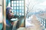  1girl :o animal_charm aqua_neckerchief bare_tree bench black_coat black_footwear blue_sky briefcase brown_dress bus_stop clouds coat cup dress flower game_cg green_eyes hair_bun hair_flower hair_ornament hasu_no_sora_school_uniform highres holding holding_cup link!_like!_love_live! loafers lone_nape_hair long_hair long_sleeves looking_up love_live! medium_dress neckerchief official_art on_bench open_mouth otomune_kozue outdoors pleated_dress purple_hair red_flower road sailor_collar sailor_dress school_briefcase school_uniform shoes side_ponytail sidelocks sidewalk single_side_bun sitting sky snow socks solo street thermos third-party_source traffic_light tree two-handed unworn_coat virtual_youtuber white_sailor_collar white_socks wide_shot winter winter_uniform wooden_bench 