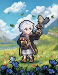  1boy animal bird bird_on_hand black_robe blue_flower blue_sky book brown_footwear clouds day fire_emblem fire_emblem_awakening fire_emblem_heroes flower full_body gold_trim grass highres holding holding_book hooded_robe looking_at_animal looking_to_the_side male_focus meadow mountain nature on_grass outdoors pixel_art riri_5364 robe robin_(fire_emblem) robin_(male)_(child)_(fire_emblem) robin_(male)_(fire_emblem) shirt shoes sky solo standing white_hair white_shirt 