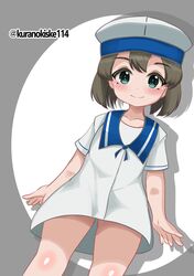  1girl black_hair blue_eyes blue_sailor_collar bob_cut daitou_(kancolle) dress feet_out_of_frame grey_background hat highres kantai_collection kurano_kisuke one-hour_drawing_challenge sailor_collar sailor_dress sailor_hat short_hair short_sleeves smile solo twitter_username two-tone_background white_dress white_hat 
