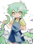  1boy basil_(headspace)_(omori) basil_(omori) blue_overalls flying flying_sweatdrops green_eyes green_hair highres mita_ru0 omori overall_shorts overalls parted_lips plant shirt short_hair short_sleeves simple_background solo sweatdrop thorns vines white_background yellow_shirt 