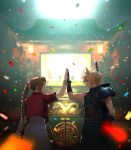  1boy 1girl aerith_gainsborough architecture armor backlighting bandaged_arm bandages belt blonde_hair blue_sweater bracelet braid brown_belt brown_gloves brown_hair buster_sword cheering cloud_strife commentary commentary_request confetti cropped_jacket crowd dragon dress east_asian_architecture facing_away facing_to_the_side final_fantasy final_fantasy_vii final_fantasy_vii_remake from_side gloves green_eyes grin hair_ribbon hand_up high_five highres indoors jacket jewelry light_smile long_hair looking_at_another multiple_belts night noinoichebura pants parted_bangs pauldrons pink_dress pink_ribbon ponytail red_jacket ribbon short_hair short_sleeves shoulder_armor sidelocks single_pauldron sleeveless sleeveless_sweater sleeveless_turtleneck smile spiky_hair standing suspenders sweater sword sword_on_back turtleneck turtleneck_sweater upper_body weapon weapon_on_back 