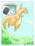  animal_focus bag blue_border blue_eyes blue_sky boku_(pixiv_32390460) border claws closed_mouth clouds commentary day dragon dragonite fisheye floating grass happy highres no_humans outdoors pokemon pokemon:_the_first_movie_-_mewtwo_strikes_back pokemon_(anime) pokemon_(classic_anime) pokemon_(creature) profile shoulder_bag sky smile solo white_border 
