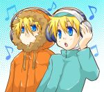  2boys blonde_hair butters_stotch commentary english_commentary fur-trimmed_hood fur_trim hand_on_headphones headphones hood hood_up hooded_jacket jacket kenny_mccormick long_sleeves male_focus multiple_boys musical_note open_mouth sakurapanda south_park upper_body 