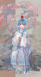  1girl blue_hair brown_background cherry_blossoms chinese_clothes chinese_text circlet eyelashes eyeshadow falling_petals floral_print flower full_body grey_background hanfu high_collar highres lipstick long_hair long_sleeves makeup mian_lang original parted_lips petals pink_flower red_eyes red_eyeshadow red_lips sidelocks sitting sleeves_past_wrists solo straight_hair teeth tree two-tone_background very_long_hair white_hanfu wide_sleeves yaopei 