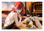  1girl 1other backless_dress backless_outfit bare_shoulders black_dress bottle cake character_name closed_mouth commentary commission cup dress drinking_glass english_commentary fireworks food fork glass glint hair_between_eyes happy_birthday holding holding_cup holding_fork kirijou_mitsuru long_hair looking_at_viewer persona persona_3 plate red_eyes red_lips red_nails smile wanderstillart wine_bottle wine_glass 