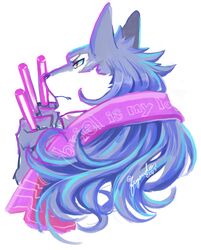  1boy animal_ears closed_mouth clothes_writing english_text fang fang_out furry furry_male fuyodo glowstick grey_fur hati_(housamo) holding holding_glowstick long_hair male_focus pink_scarf scarf simple_background solo tokyo_afterschool_summoners twitter_username upper_body white_background white_fur wolf_boy wolf_ears yellow_eyes 