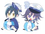  2boys ahoge alternate_costume anchor_print ball bare_legs beachball bead_bracelet beads black_footwear black_gloves black_hair black_wristband blue_bracelet blue_hat blue_pants blue_sailor_collar blue_shirt blue_sleeves blush_stickers bracelet buttons checkered_wristband chibi closed_mouth collared_shirt crossed_arms danganronpa_(series) danganronpa_v3:_killing_harmony gloves hair_between_eyes hands_on_own_cheeks hands_on_own_face happy hat jewelry long_sleeves male_focus multicolored_buttons multiple_boys oma_kokichi open_mouth pants polka_dot_headwear purple_hair saihara_shuichi sailor sailor_collar sailor_hat sailor_shirt shell shirt shoes short_hair short_sleeves shorts simple_background sitting sleeves_past_elbows smile two-tone_hat two-tone_wristband unmoving_pattern violet_eyes white_background white_hat white_sailor_collar white_shirt white_shorts white_sleeves white_wristband yomoda_(7taizai7bitoku) 