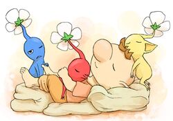  1boy alternate_costume bare_arms barefoot big_nose black_eyes blanket blue_pikmin blue_skin border brown_hair brown_pants closed_eyes closed_mouth colored_skin commentary_request creature_on_head flower full_body half-closed_eye hug lying naru_(wish_field) no_mouth olimar on_back one_eye_closed orange_background outside_border pants pikmin_(creature) pikmin_(series) pointy_ears pointy_nose red_pikmin red_shirt red_skin shirt short_hair sleeping sleepy smile t-shirt toes triangle_mouth very_short_hair white_border white_flower yellow_pikmin yellow_skin 