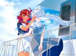  2girls artist_name bird blue_eyes blue_sky blush clouds day dress gundam gundam_suisei_no_majo hairband hand_on_another&#039;s_face highres long_hair looking_at_another miorine_rembran multiple_girls outdoors ponytail redhead sailor_dress ship sky suletta_mercury thick_eyebrows watercraft white_hair yurisuki00 