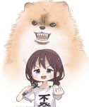  1girl animal blue_eyes brown_hair dog girls_band_cry hair_ornament hairclip highres holding holding_microphone icon_315 iseri_nina looking_at_viewer low_twintails microphone open_mouth pomeranian_(dog) shirt short_hair short_twintails solo t-shirt twintails upper_body white_background white_shirt 