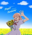  1girl ^_^ absurdres arms_up blue_sky blush bouquet closed_eyes clouds commentary cowboy_shot crossed_bangs dated dress field flower flower_field hair_ornament happy_birthday hasu_no_sora_school_uniform highres hinoshita_kaho holding holding_bouquet light_smile link!_like!_love_live! love_live! medium_dress medium_hair neckerchief open_mouth orange_hair pleated_dress rabbit_hair_ornament raon_515 red_neckerchief sailor_collar sailor_dress school_uniform short_sleeves sky solo summer_uniform sunflower symbol-only_commentary teeth two_side_up upper_teeth_only virtual_youtuber white_dress white_sailor_collar 
