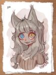  absurdres amber_eyes animal_ears arknights basedbinkie blue_eyes dress frilled_dress frills grey_hair heterochromia highres original smile watercolor_effect wavy_hair wolf_ears wolf_girl 