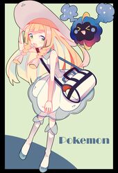  &gt;_&lt; 1girl black_border blonde_hair border cosmog dress full_body green_eyes hat highres lillie_(pokemon) long_hair looking_at_viewer nagatsukiariake open_mouth pokemon pokemon_(creature) pokemon_sm sleeveless sleeveless_dress sun_hat white_bag white_dress white_footwear white_hat 