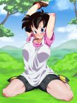  1girl bike_shorts black_hair blue_eyes blush breasts closed_mouth dragon_ball dragon_ball_z fingerless_gloves full_body gloves looking_at_viewer rom_(20) shirt short_hair smile solo videl white_shirt 