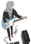  1girl 774_(nanashi_fox4) amplifier black_choker black_jacket black_pantyhose cable cat choker drawstring earclip effects_pedal electric_guitar girls_band_cry grey_cat grey_hair grey_hoodie guitar holding holding_guitar holding_instrument holding_plectrum hood hoodie instrument jacket kawaragi_momoka long_hair pantyhose plectrum red_footwear simple_background solo standing tuning_instrument white_background 