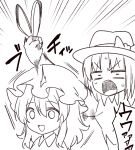  2girls bow grabbing hair_between_eyes hat hat_bow hat_ribbon jeno maribel_hearn medium_hair mob_cap monochrome multiple_girls open_mouth ribbon shirt short_hair sound_effects speed_lines surprised taboo_japan_disentanglement touhou usami_renko v-shaped_eyebrows 