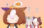  3girls ? animal_ears black_dress blush_stickers bow brown_background brown_hair chibi dress ear_bow ears_down gomashio_(goma_feet) gradient_background grey_hair hair_between_eyes horse_ears horse_girl horse_tail jacket meisho_doto_(dot-o&#039;-lantern)_(umamusume) meisho_doto_(umamusume) multicolored_hair multiple_girls o_o oguri_cap_(umamusume) orange_bow polka_dot polka_dot_background pumpkin_hat purple_bow red_jacket special_week_(umamusume) tail track_jacket translation_request two-tone_hair umamusume upper_body white_hair |_| 