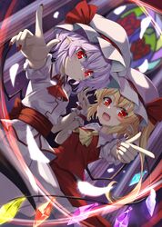  2girls :d akisome_hatsuka ascot bat_wings blonde_hair blurry blurry_background closed_mouth commentary_request crystal flandre_scarlet hat hat_ribbon looking_at_viewer mob_cap multiple_girls one_side_up open_mouth pointing purple_hair red_ascot red_eyes red_nails red_ribbon red_skirt red_vest remilia_scarlet ribbon shirt short_hair siblings sisters skirt smile stained_glass touhou vest white_hat white_shirt white_skirt wings wrist_cuffs yellow_ascot 